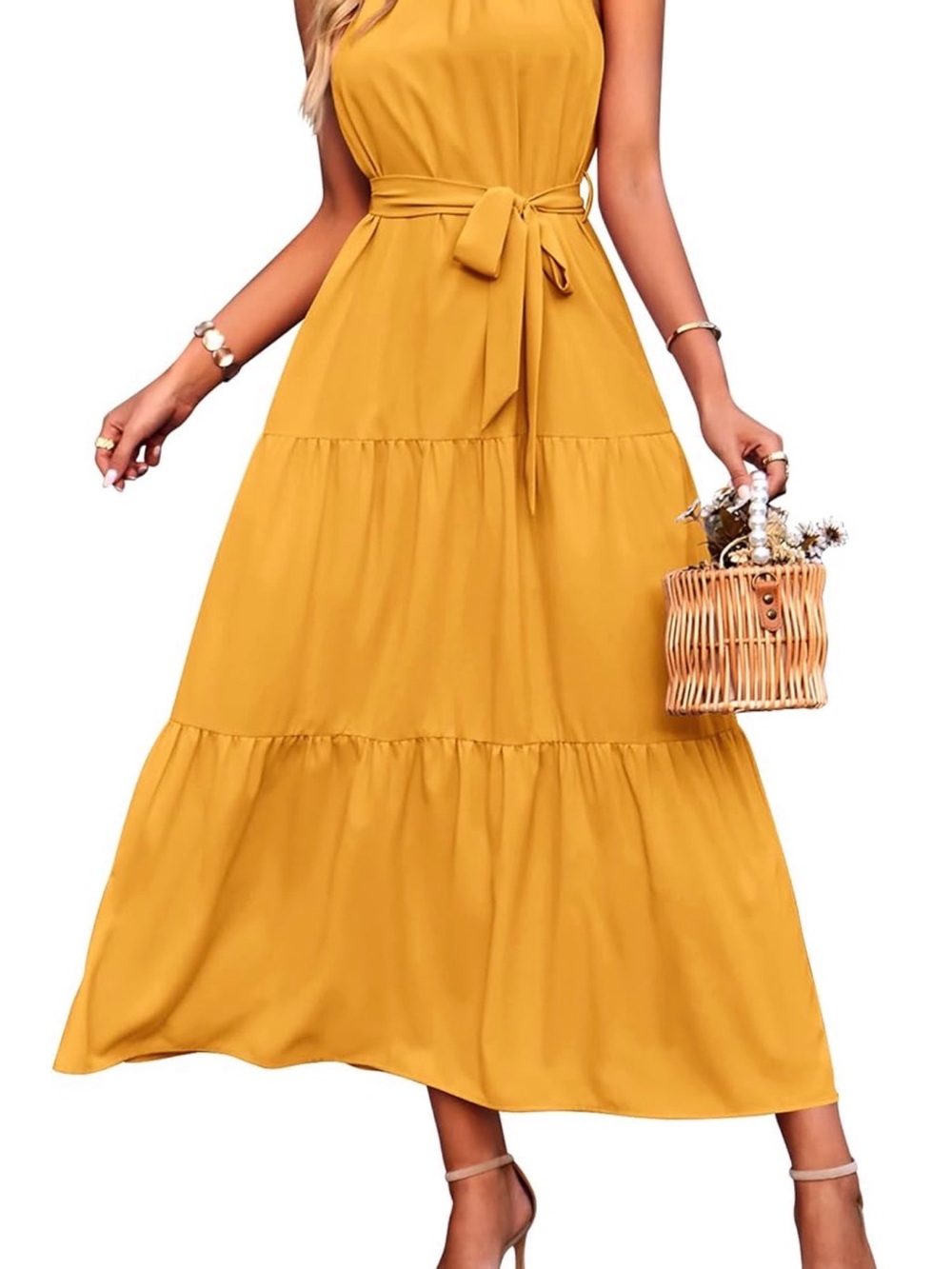 Women's Sleeveless Tiered Midi Dress in Mustard- Like New